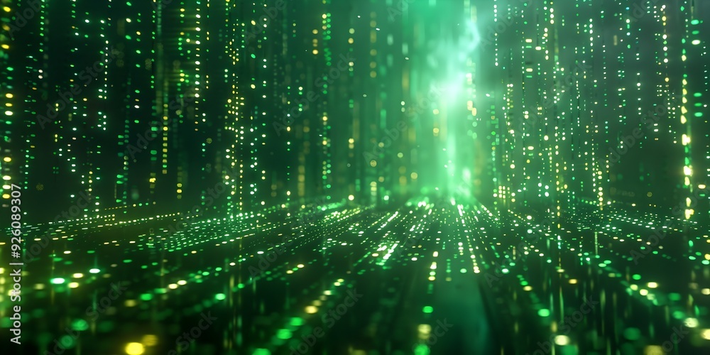 Poster mesmerizing futuristic neon matrix with flowing green codes for tech and software concepts