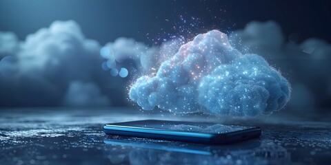 Ethereal Cloud Computing Icons Floating Around Smartphone in Digital Dreamscape