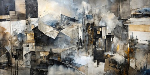 Abstract Charcoal Collage: Rough brushstrokes, monochrome palette, layered textures, dreamlike imagery