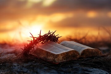Fototapeta premium Crown of thorns, wooden cross, and Holy Bible at sunset. Christian background and Easter concept , ai