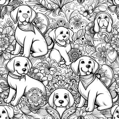Seamless Pattern with Cute Dogs and Flowers in Black and White
