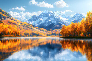 Stunning Autumn Reflection: Majestic Snow-Capped Mountains and Golden Trees by the Lake