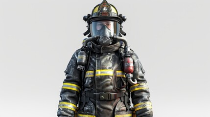 3D clipart of a firefighter in full gear, standing confidently, white background, emergency responder