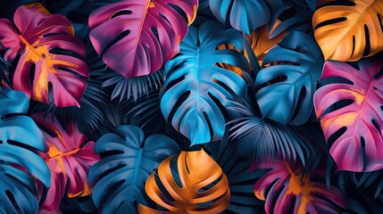 A vibrant arrangement of tropical leaves in vivid colors.