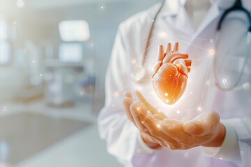 Medical professional holding a glowing heart model. Futuristic healthcare concept in a medical environment. Ideal for health, technology, or innovation themed designs. Generative AI