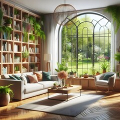 Cozy Living Room with Large Window and Bookshelf