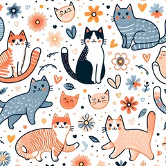 Cute Cat Seamless Pattern with Floral Elements