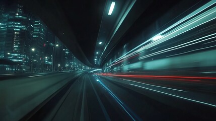Naklejka premium Motion time of a high-speed night drive through a big city, ending in an underground parking garage. The side view from the car window shows light trails from vehicles and street lights. 