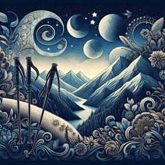 Dreamy Night Hike with Stars and Moon Illustration