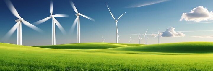 Fototapeta premium modern turbines, lush green fields, and clear blue sky, creating a clean and sustainable energy theme.