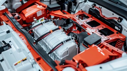 Professional photo of battery pack in electric car, focus on component details