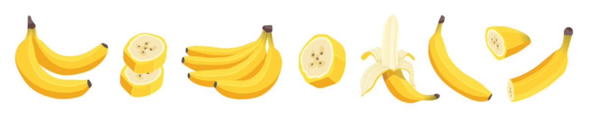 Fresh banana fruits set isolated on white background. Peeled banana and bunch of bananas, pieces and slices collection. Tropical fruits, banana snack, vegetarian menu. Vector illustration, flat simple