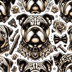 Bulldog Seamless Pattern, Vintage Style