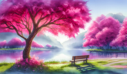 A watercolor painting of a tranquil lakeside scene with bright pink cherry trees as the main focus.