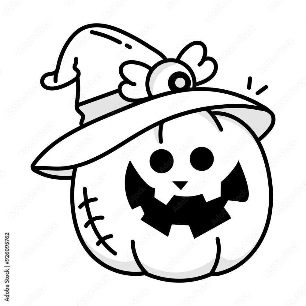 Wall mural witch pumpkin with a hat, doodle icon