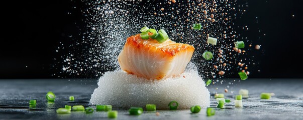 Culinary Deconstruction: Miso-Glazed Black Cod Composition Floating in Surreal Ambiance, Generative Ai