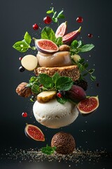 Culinary Artistry: Foie Gras Torchon Deconstructed with Figs and Brioche in Surrealist Composition on Dark Background, Generative Ai