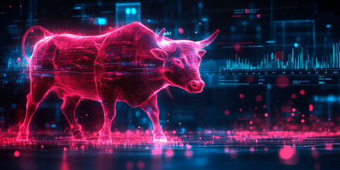 A digital red bull representing a bullish market trend, set against a futuristic financial data background. Concept of market growth, suitable for financial services, investment firms, or economic ana