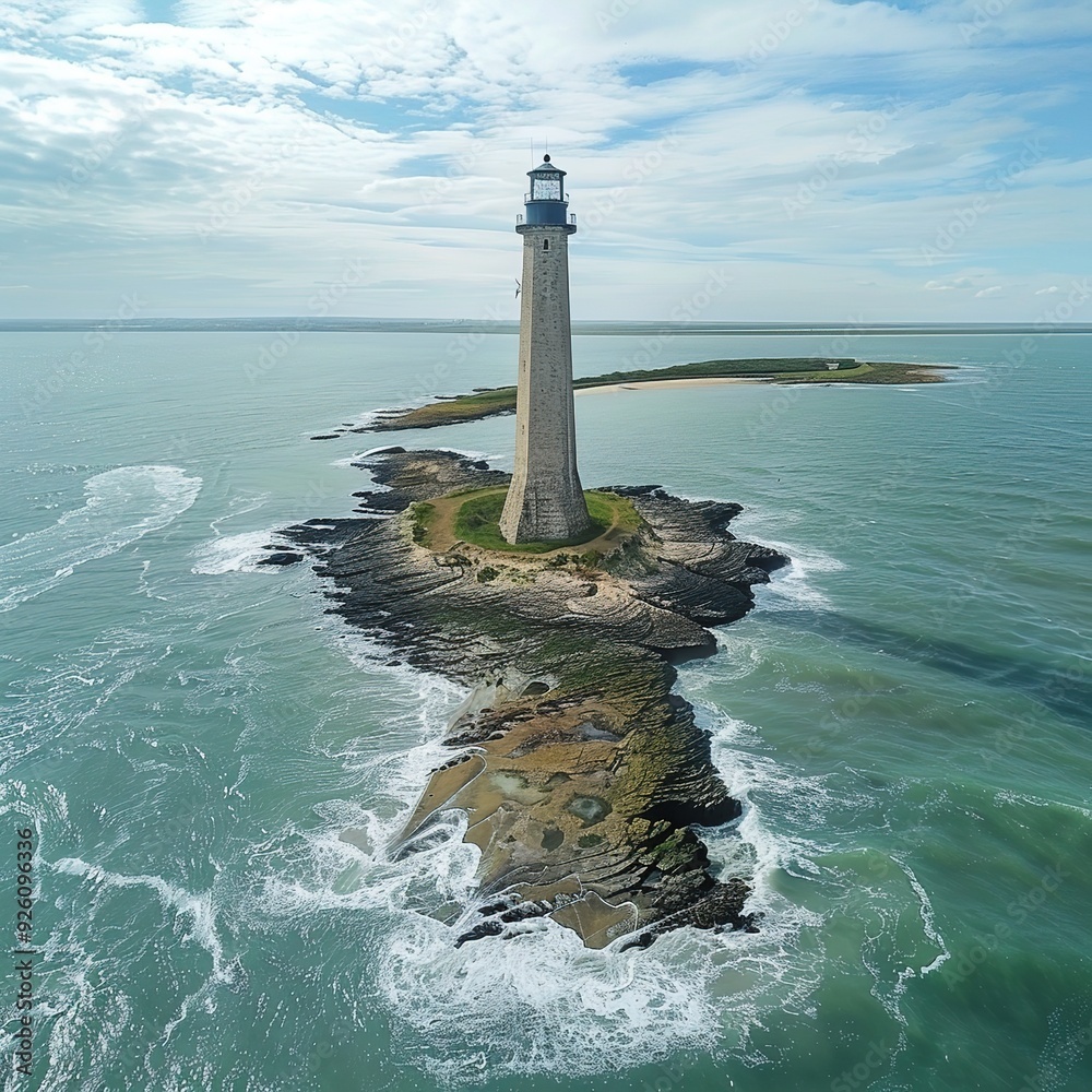 Canvas Prints A lighthouse stands on a rocky island, surrounded by waves and the ocean under a cloudy sky.