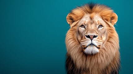 Fototapeta premium A majestic lion with a stunning mane, gazing confidently against a vibrant teal background. Perfect for wildlife and nature themes.