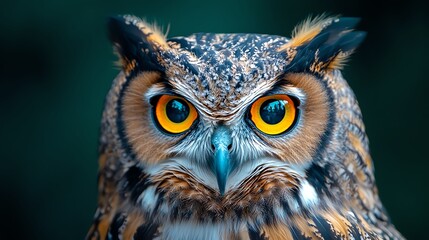 Obraz premium A stunning close-up of an owl highlighting its striking yellow eyes and intricate feather patterns, symbolizing wisdom and mystery.