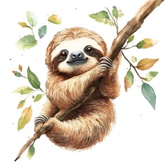 Fototapeta premium Watercolor Illustration of a Cute Sloth Hanging on a Tree Branch.