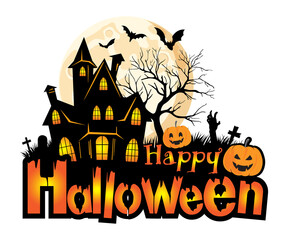 Happy Halloween full moon Halloween pumpkin ghost. Abandoned house. Bats. Cemetery with graves. Zombie hands.