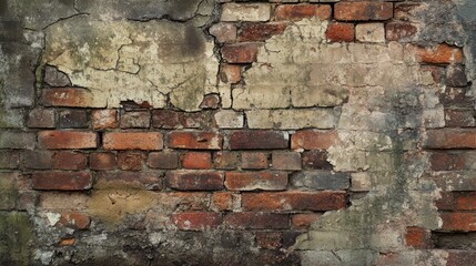 An old brick wall with deep cracks and signs of wear, including chipped bricks and eroded mortar