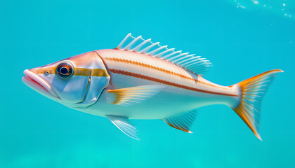 Bonefish swimming underwater in clear turquoise waters captured in side view isolated with white highlights, png