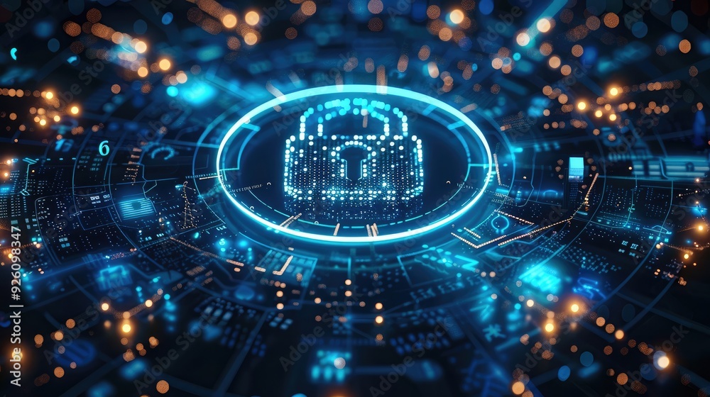 Poster Digital background featuring pixelated padlock and data protection symbols on a blue digital screen, written in the center of a circular frame. A perfect symmetrical composition. Generative AI.