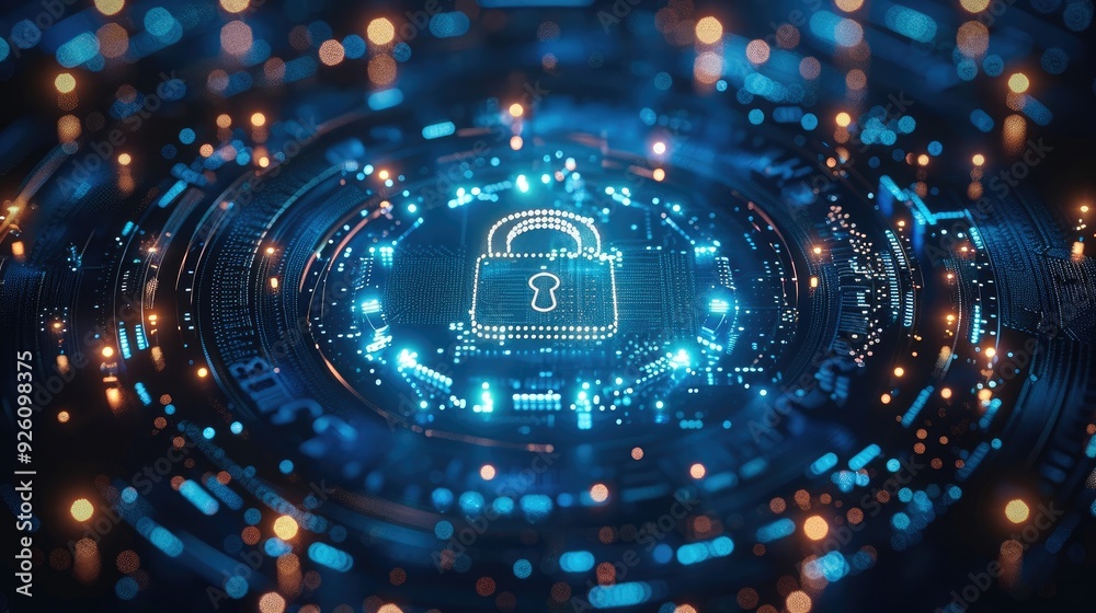 Poster Digital background featuring pixelated padlock and data protection symbols on a blue digital screen, written in the center of a circular frame. A perfect symmetrical composition. Generative AI.