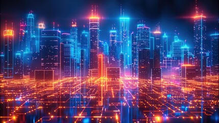 Obraz premium Wireframe digital cityscape with glowing neon elements. Generative AI.