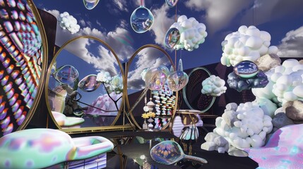 Surreal Dreamscape with Clouds, Bubbles, and Mirrors