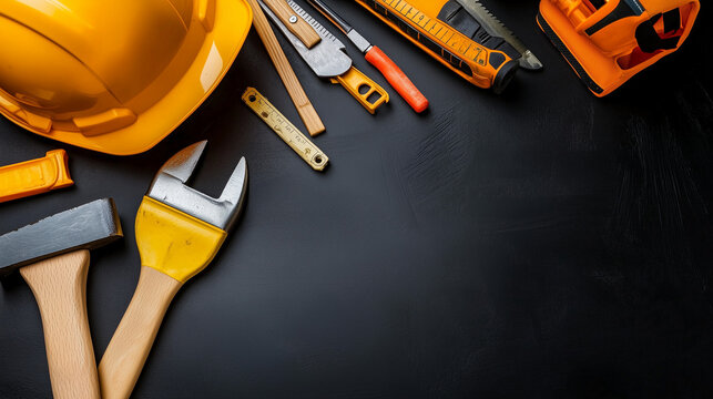 Top view of construction tools and safety gear, including a helmet, hammer, pliers, wrenches, and gloves, placed on a black background with ample space for text, ideal for online store advertising or 