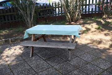 Backyard Oasis: Rustic Picnic Table with Green Tablecloth