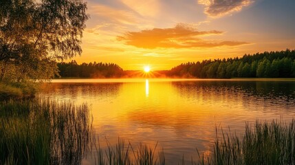 Golden sunset over a tranquil summer lake, with the sky ablaze in shades of orange and pink