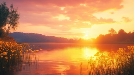 Obraz premium Golden sunset over a tranquil summer lake, with the sky ablaze in shades of orange and pink
