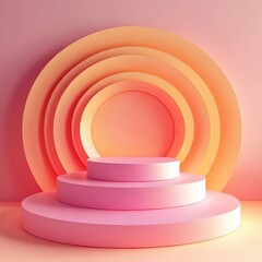 Obraz premium Orange and pink podium with layered circles and soft lighting, creating a 3D effect, ideal for modern product displays, Layered podium, 3D effect