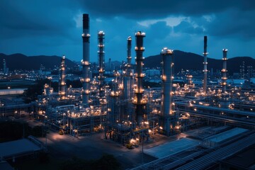 Fototapeta premium A crude oil refinery juxtaposed with a bustling city, illustrating the direct link between urban energy demand and oil processing.