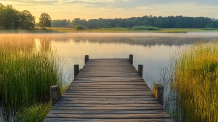 Rustic wooden dock leading out onto a calm summer lake, with the surrounding landscape bathed in golden light