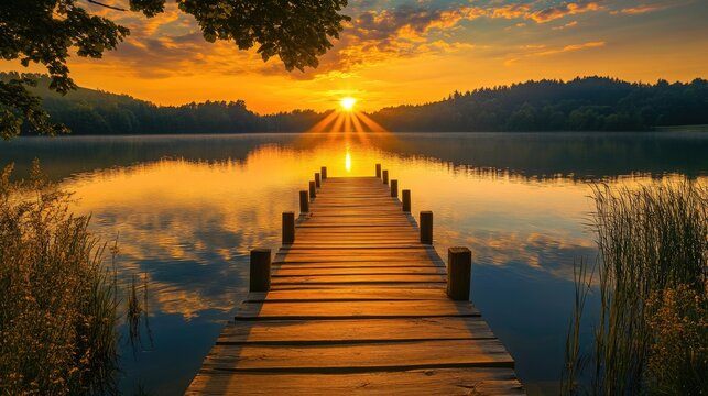 Fototapeta Rustic wooden dock leading out onto a calm summer lake, with the surrounding landscape bathed in golden light