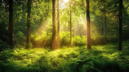 Fototapeta premium Sun-dappled forest clearing with tall trees, green ferns, and a bright summer sky above