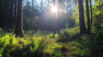 Sun-dappled forest clearing with tall trees, green ferns, and a bright summer sky above