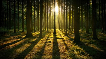 Sunlight breaking through the thick canopy of a dense forest, casting long shadows on the forest floor