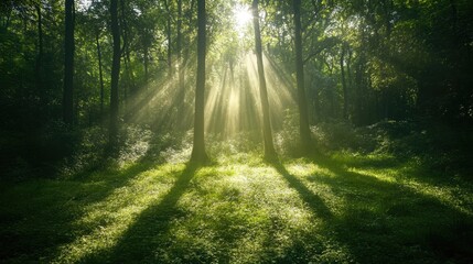 Fototapeta premium Sunlight breaking through the thick canopy of a dense forest, casting long shadows on the forest floor