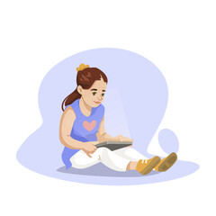 Young girl sitting on the floor using a tablet in a colorful graphic style. The background is simple and light blue. Concept of children and technology. Vector illustration