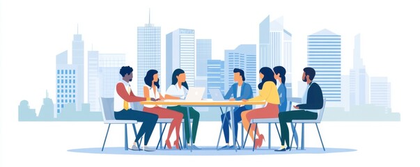 Team members engaged in a collaborative meeting at a modern office, discussing innovative ideas against a city skyline.
