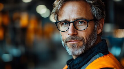 A man with glasses and a well-groomed beard gazes thoughtfully, surrounded by a vibrant, active workspace