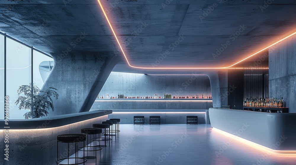 Aufkleber interior design of a bar, modern, architecture with sleek lines and geometric shapes, concrete. gene