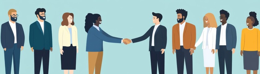 Fototapeta premium Diverse group of professionals engaged in a handshake, symbolizing teamwork and collaboration within a modern business setting.